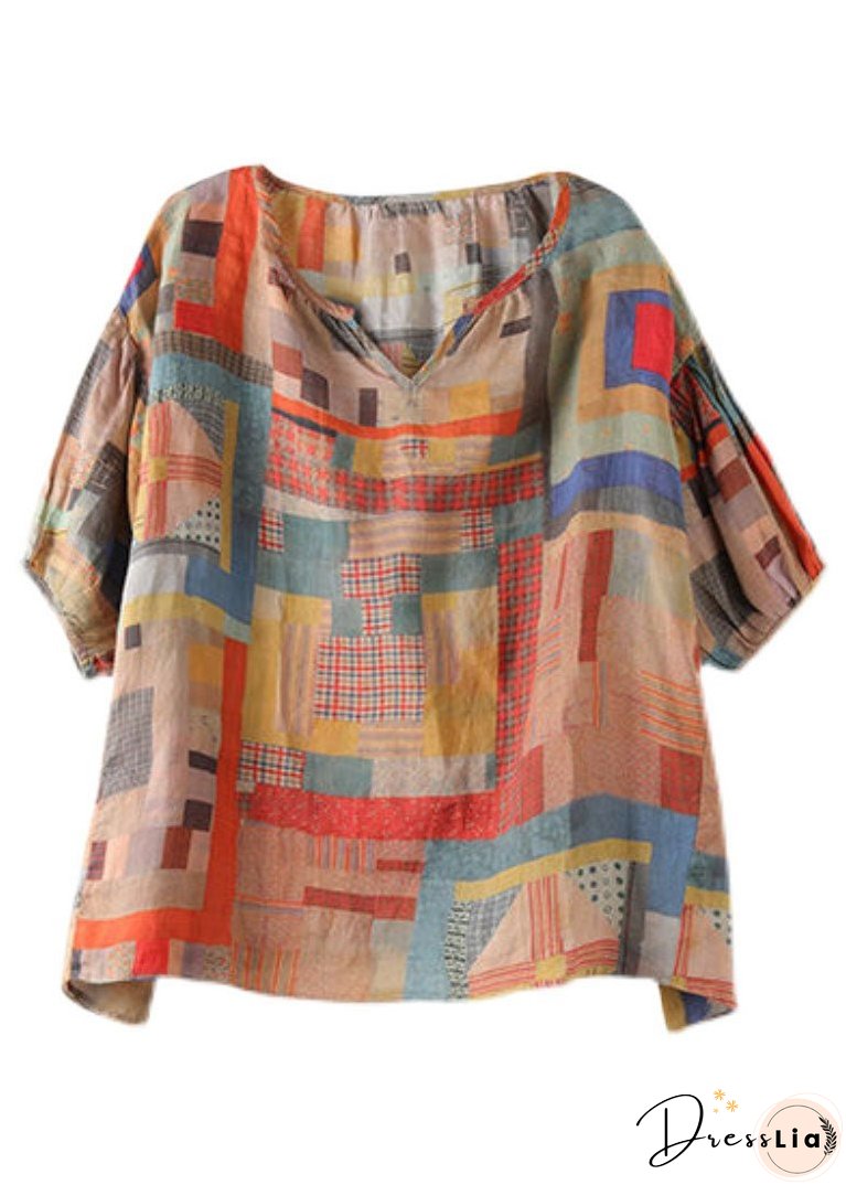 Plus Size V Neck Geometric Print Patchwork Linen T Shirts Top Summer