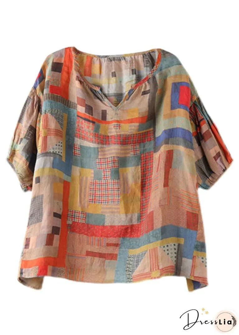 Plus Size V Neck Geometric Print Patchwork Linen T Shirts Top Summer