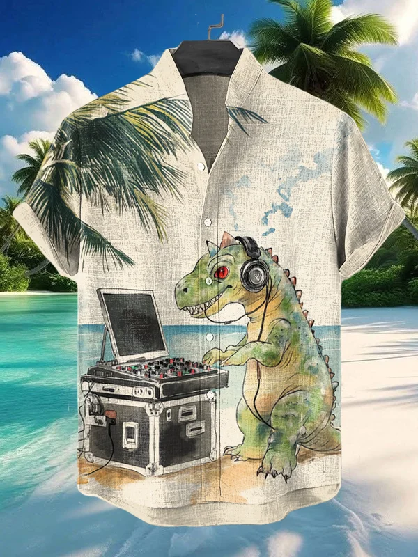 Men's Palm Tree Dinosaur DJ Print Short Sleeve Shirt