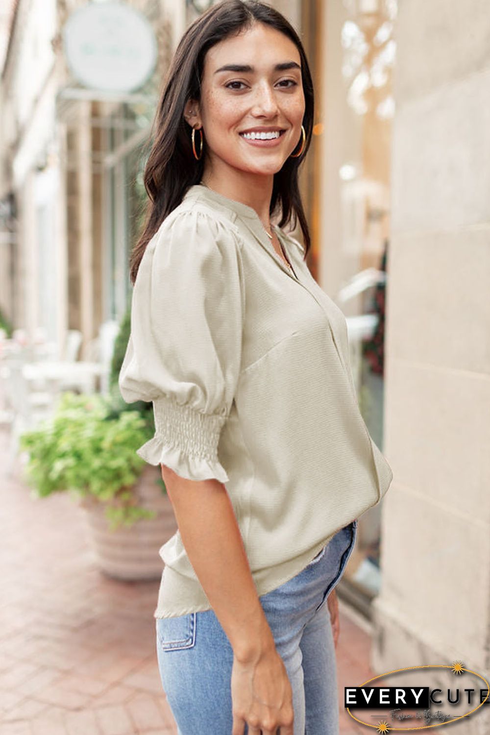 Apricot Solid Color Half Sleeve V Neck Blouse