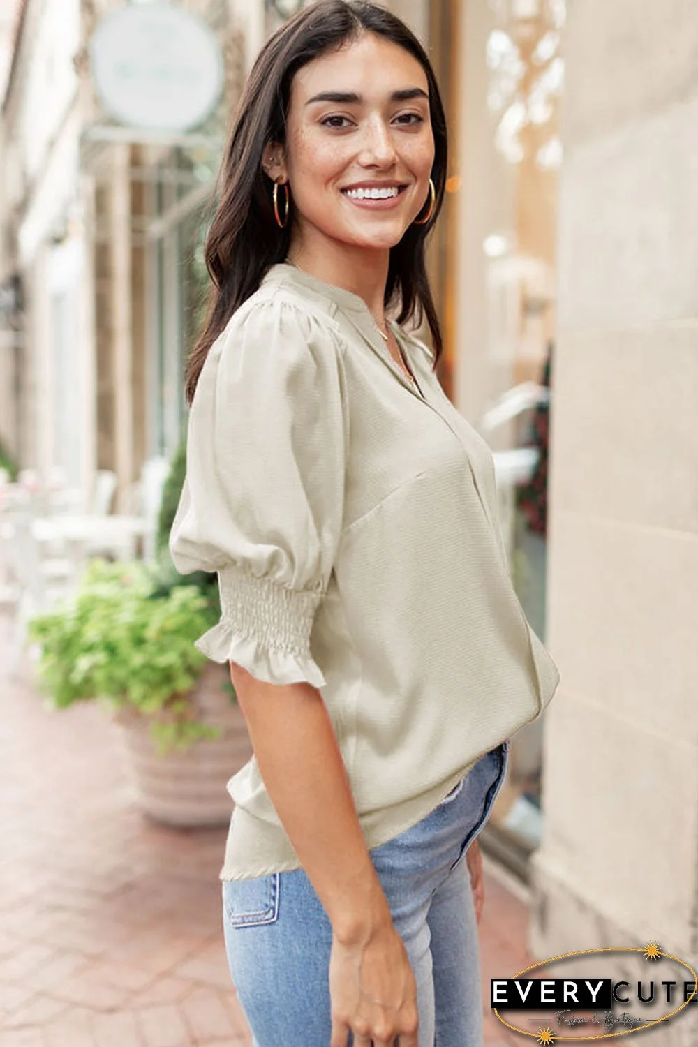 Apricot Solid Color Half Sleeve V Neck Blouse