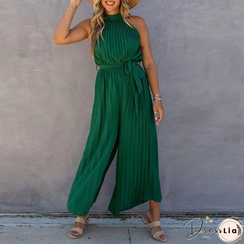 New Women's Off-Shoulder Halter Neck Pleated Jumpsuit