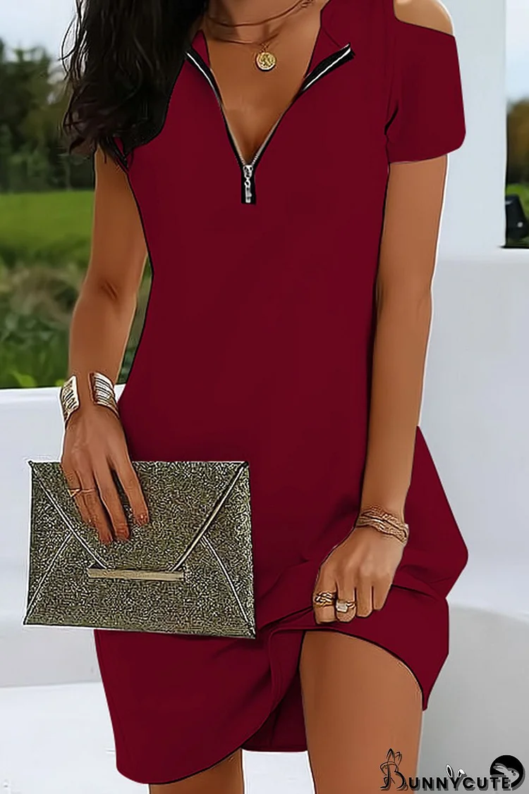 Burgundy Casual Zipper Zipper Collar Pencil Skirt Dresses