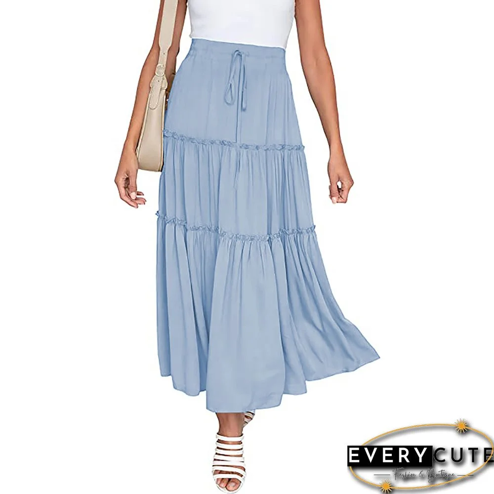Light Blue High Waist A-line Drawstring Maxi Skirt