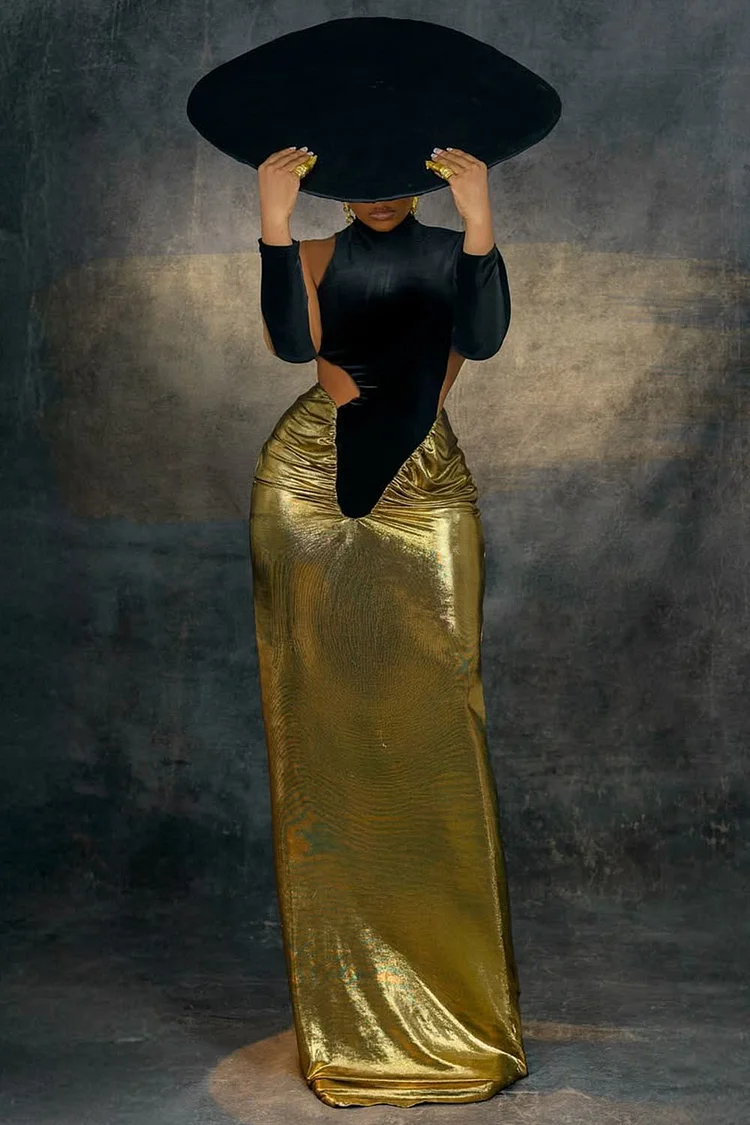 Asymmetric Cutout Patchwork Metallic Party Maxi Dresses-Black [Pre Order]