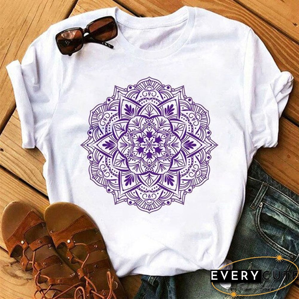 Maycaur New Mandala Floral Printed T Shirt Women Casual Fashion T-shirt Loose Short Sleeve 90s Girls Aesthetics Black Tshirt Top