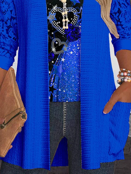 Women Long Sleeve Scoop Neck Love Printed Printed Graphic Pockets Lace Two-Pieced Tops