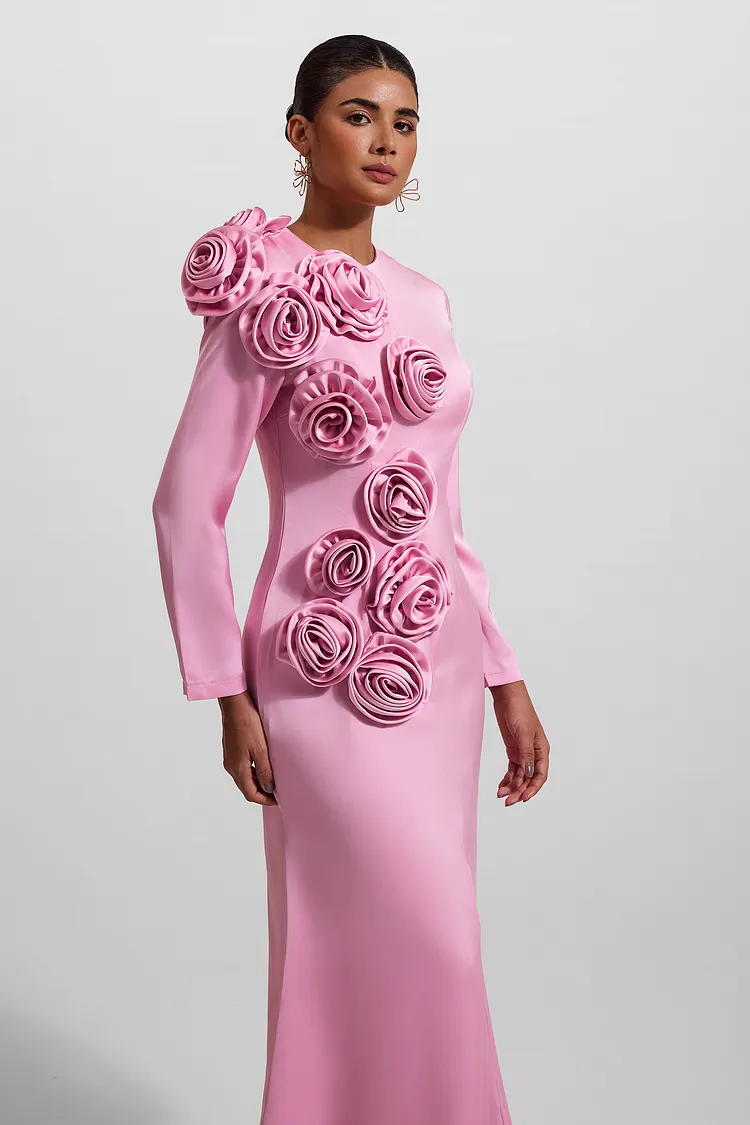 3D Floral Satin Solid Maxi Dress