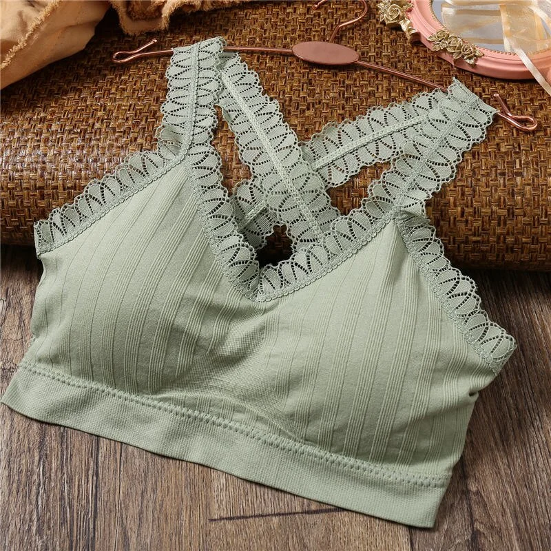 Women Lace Tops Solid Color Tank Crop Top Bra Underwear Cotton Tube Top Female Back Cross Lingerie Removable Padded Intimates