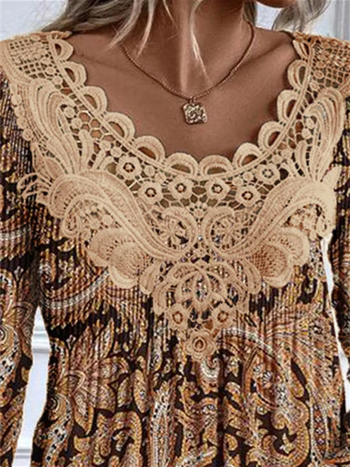 Women's Long Sleeve Scoop Neck Graphic Lace Floral Printed Top