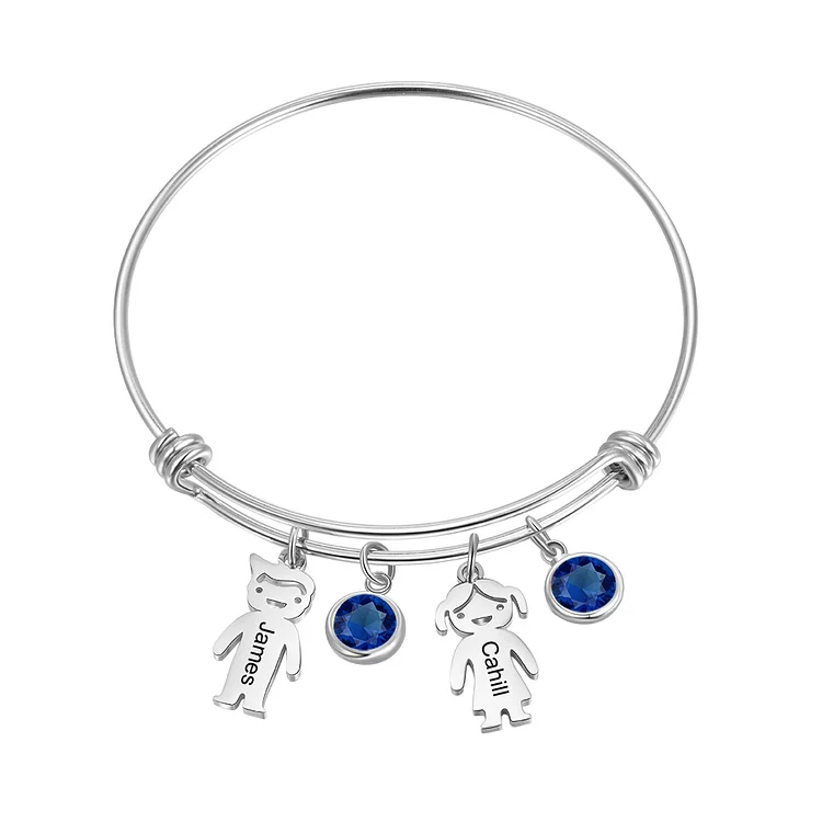 September Birthday Gifts Bangle Bracelet with Kids Charms 2 Sapphire Birthstone Engraved 2 Names