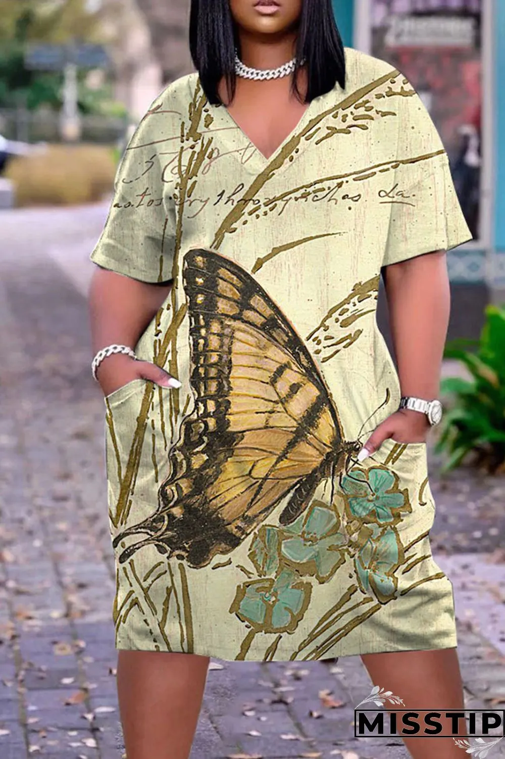 Yellow Brown Casual Street Print Patchwork V Neck Straight Dresses