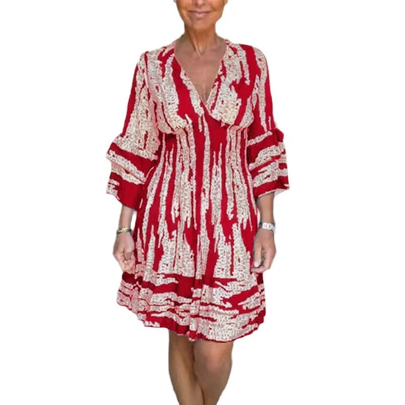 Wongn Wongn New Waist Horn Sleeve V-Neck Dress Summer Women's Print Medium Dress