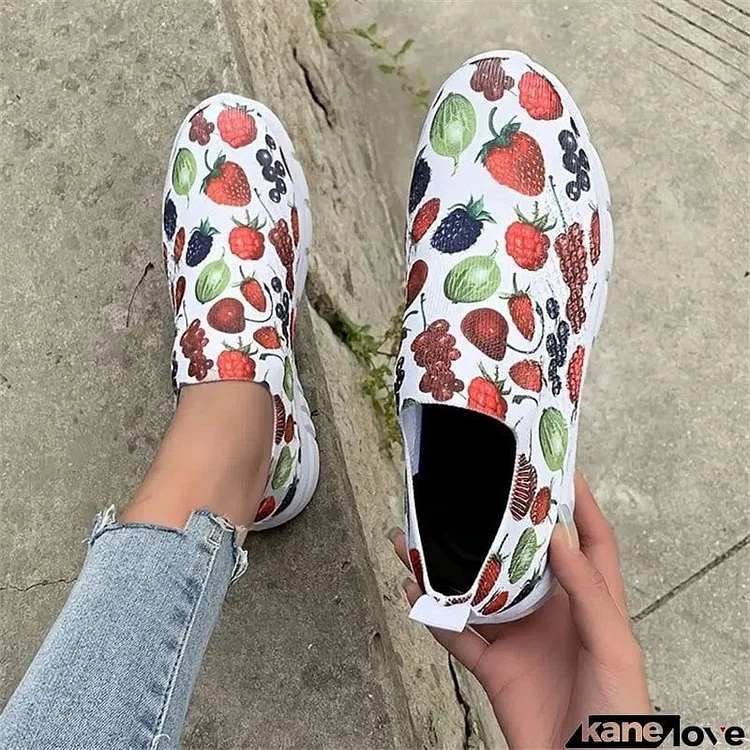 Women Round Toe Fruit Sunflower Santa Claus Print Loafers