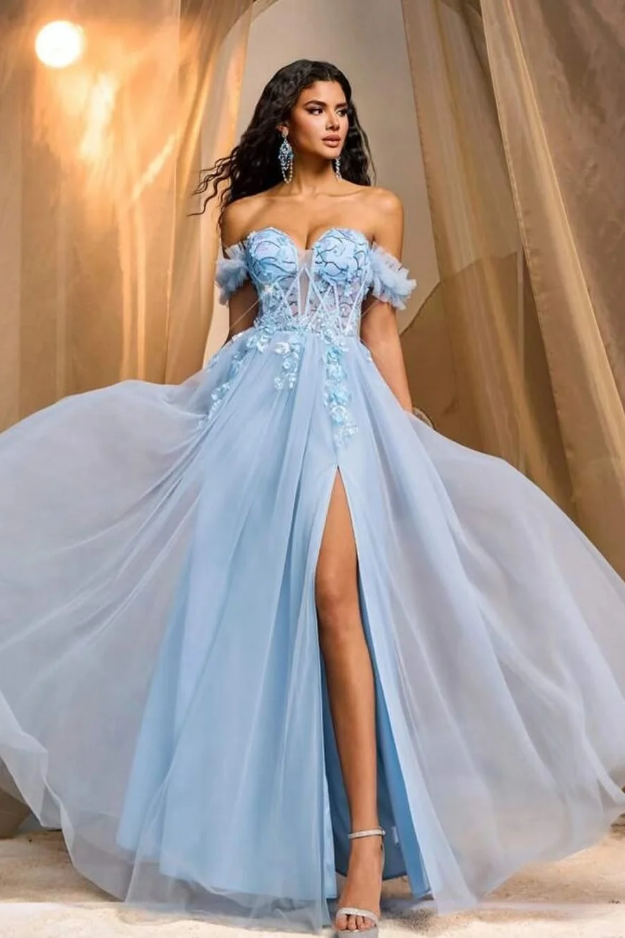 Daisda Sleeveless Strapless Off-Shoulders Split Prom Dress With Handmade Flower