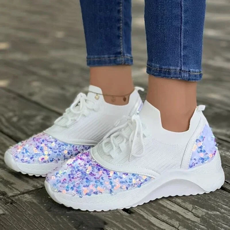 Yyvonne Sequins Platform Sneakers for Women 2023 Autumn Non Slip Knitting Flats Woman Breathable Mesh Walking Shoes Plus Size 43