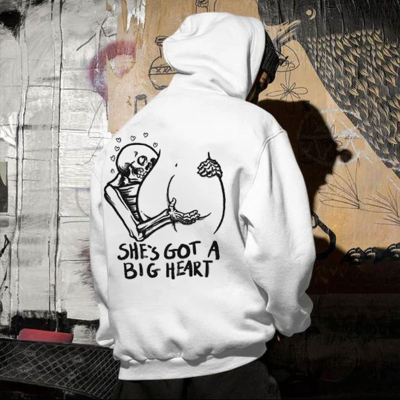 SHE'S GOT A BIG HEART Skull Sexy Ass White Print Hoodie