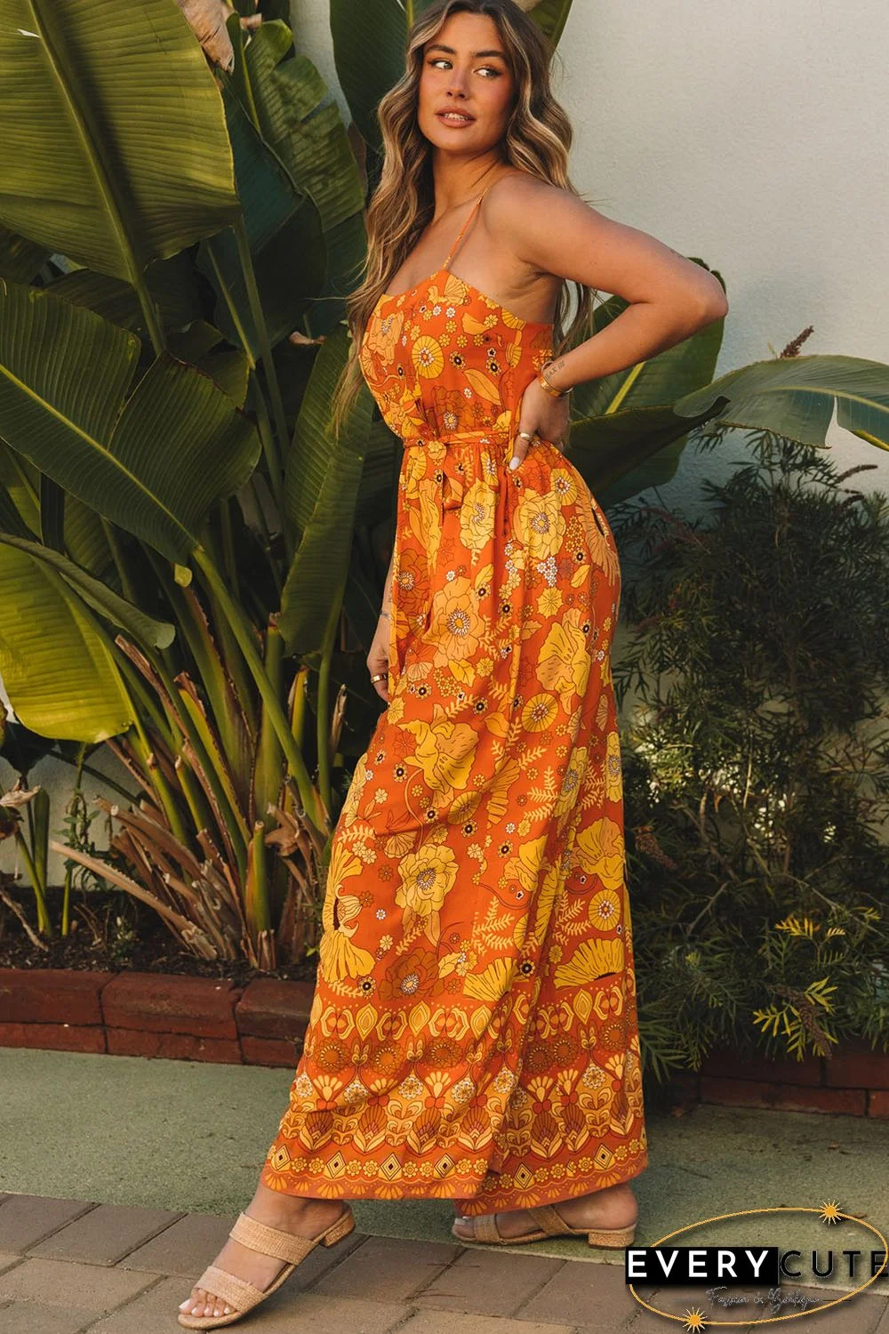 Orange Floral Wide Leg Sleeveless Jumpsuit
