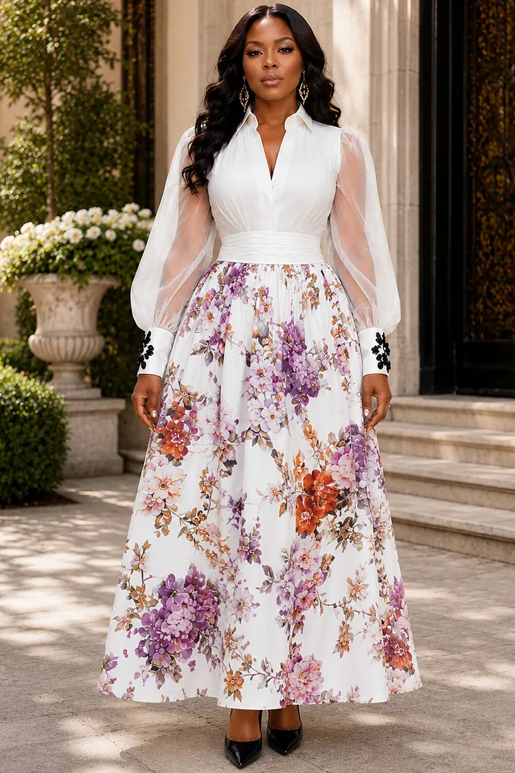 Xpluswear Design Plus Size Wedding Guest Elegant Satin White Floral Shirt Collar Puff Sleeve Long Sleeve See Through Contrast Tulle Maxi Dresses [Pre-Order] 2024 - Xpluswear