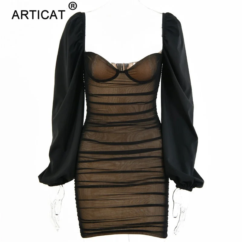 Articat New Lantern Sleeve Mini Dress Women Sexy Black Strapless Party Club Wear 2021 Fashion Ladies French Romantic Vestidos