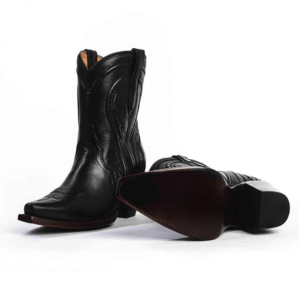 Classic Black Faux Leather Snip Toe Chunky Heel Stitch Cowgirl Boots