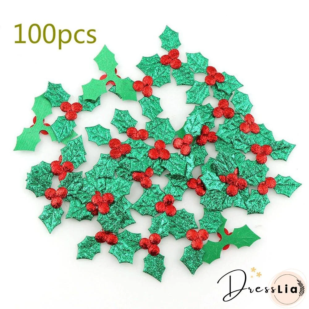 100pcs Glitter Fabric Red Berry Green Holly Leaves Appliques for Christmas Festival Decoration Scrapbook DIY Craft Supply