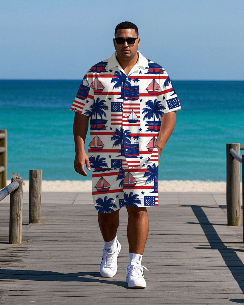 Big Men's Casual Flag Inspired Hawaii Coconut Trees & Sailboat Printed Short Sleeve Shirt Shorts Set
