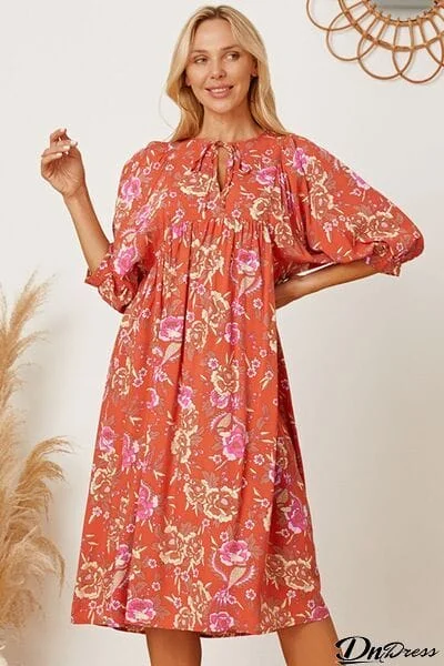 Floral Tie Neck Half Sleeve Dress