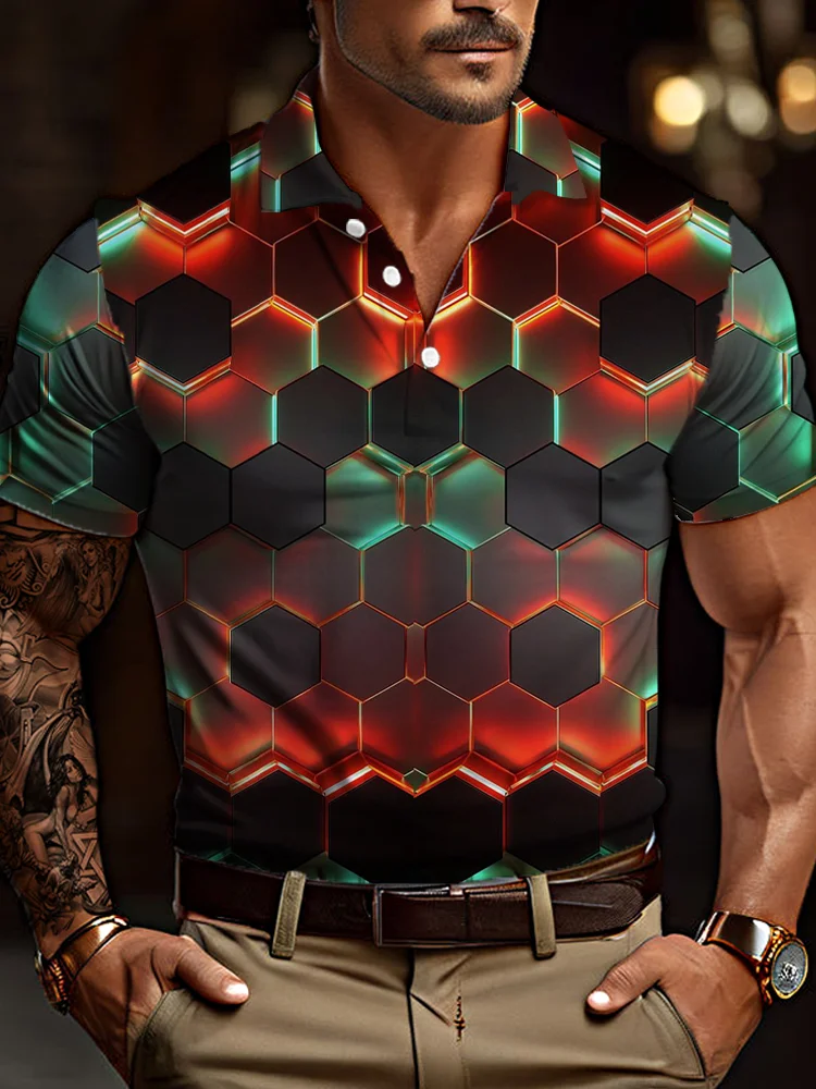 Colorful Hexagon Technology Pattern Printing Short Sleeve Polo BestDVibe