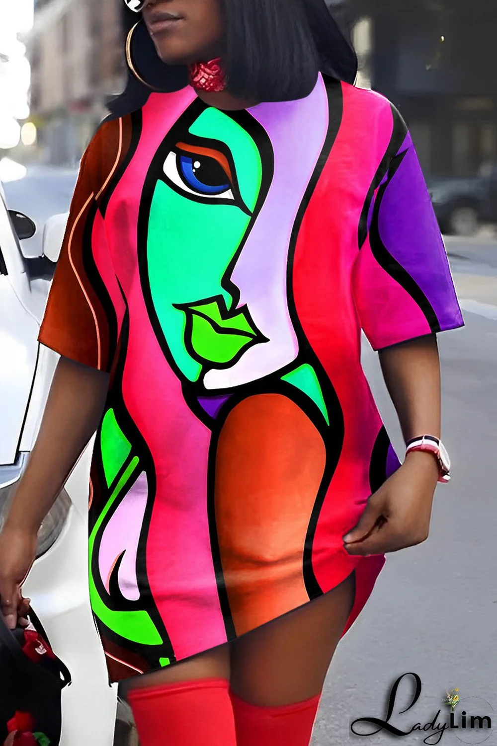 Yellow Casual Print Patchwork V Neck Short Sleeve Dress