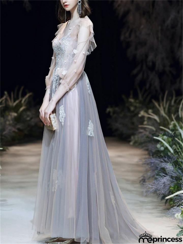 Flattering Applique Long Sleeve Backless Tulle Dress for Prom