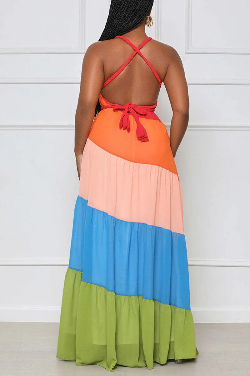 Sexy Solid Patchwork Backless Halter Straight Dresses