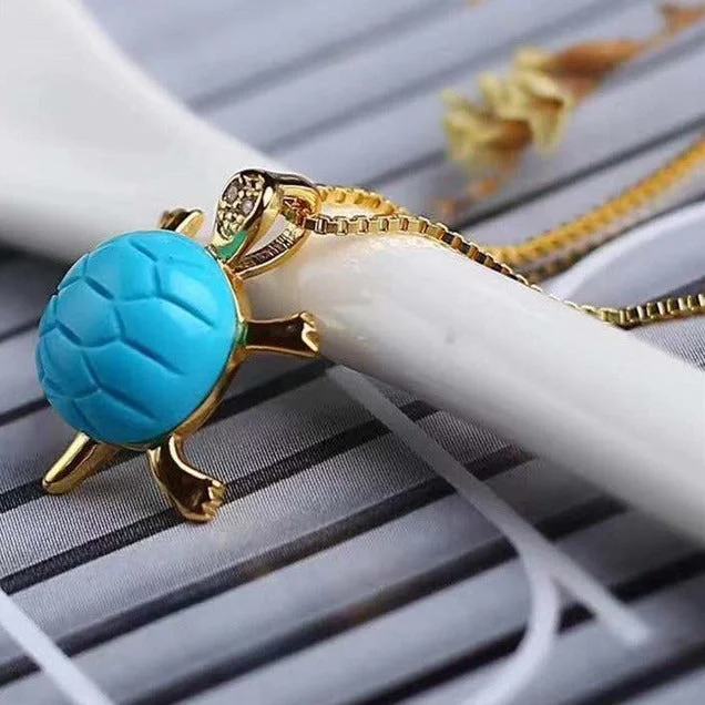 Natural Turquoise Turtle Longevity Wealth Peace Pendant Chain Necklace