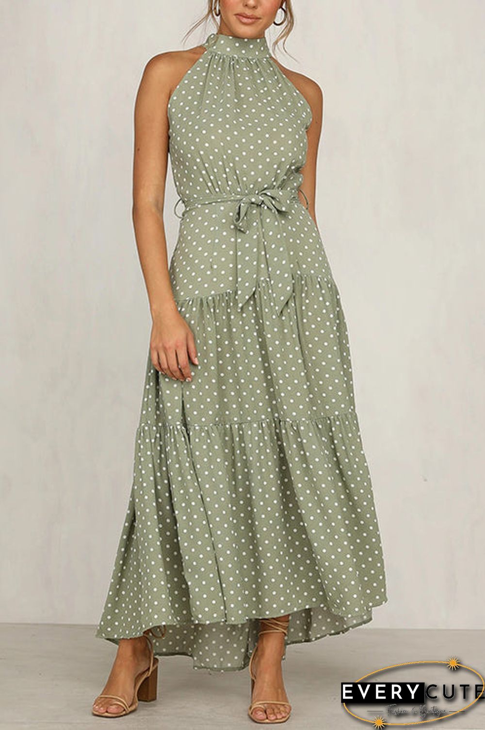 Print Belted Sleevelss Maxi Dress