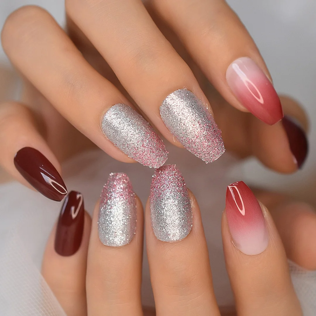 Gray Fadeing Glossy Press On Nails Almond Sharp Medium-Long Simple Design Gels Nails Supplies Full Cover Fingernails Wholesale-Nail Inspo