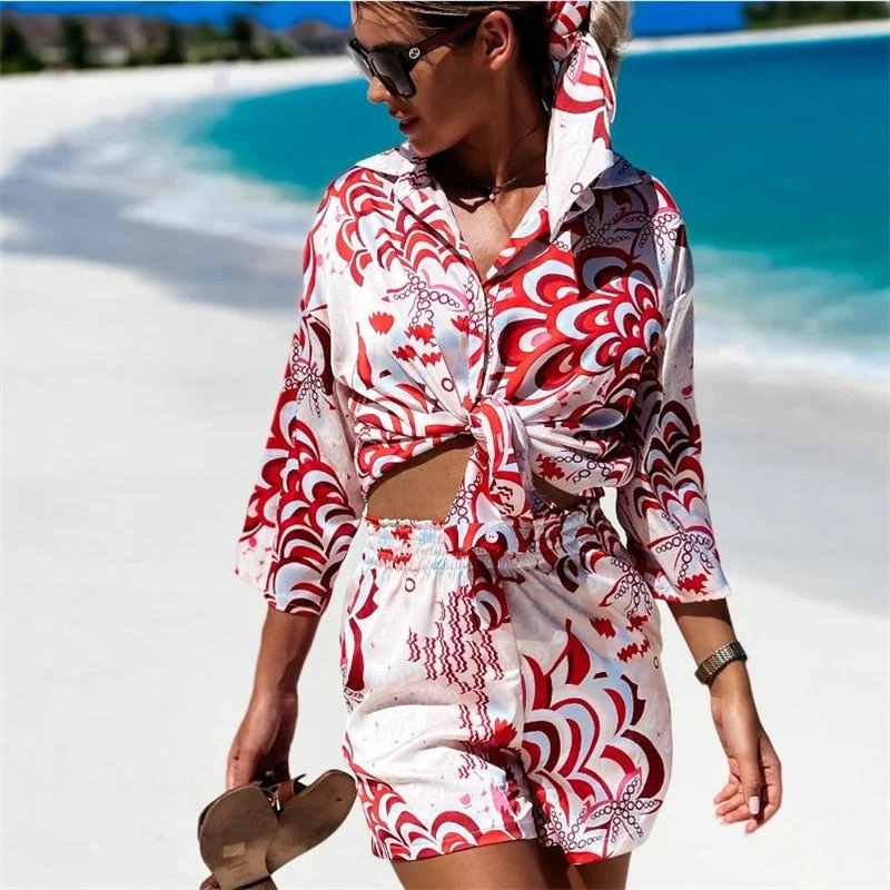 hirigin 2pcs Beach Styles Satin Sets Women Fashion Scenery Pattern Button-down Shirts and Shorts 2021 New Summer Casual Sets