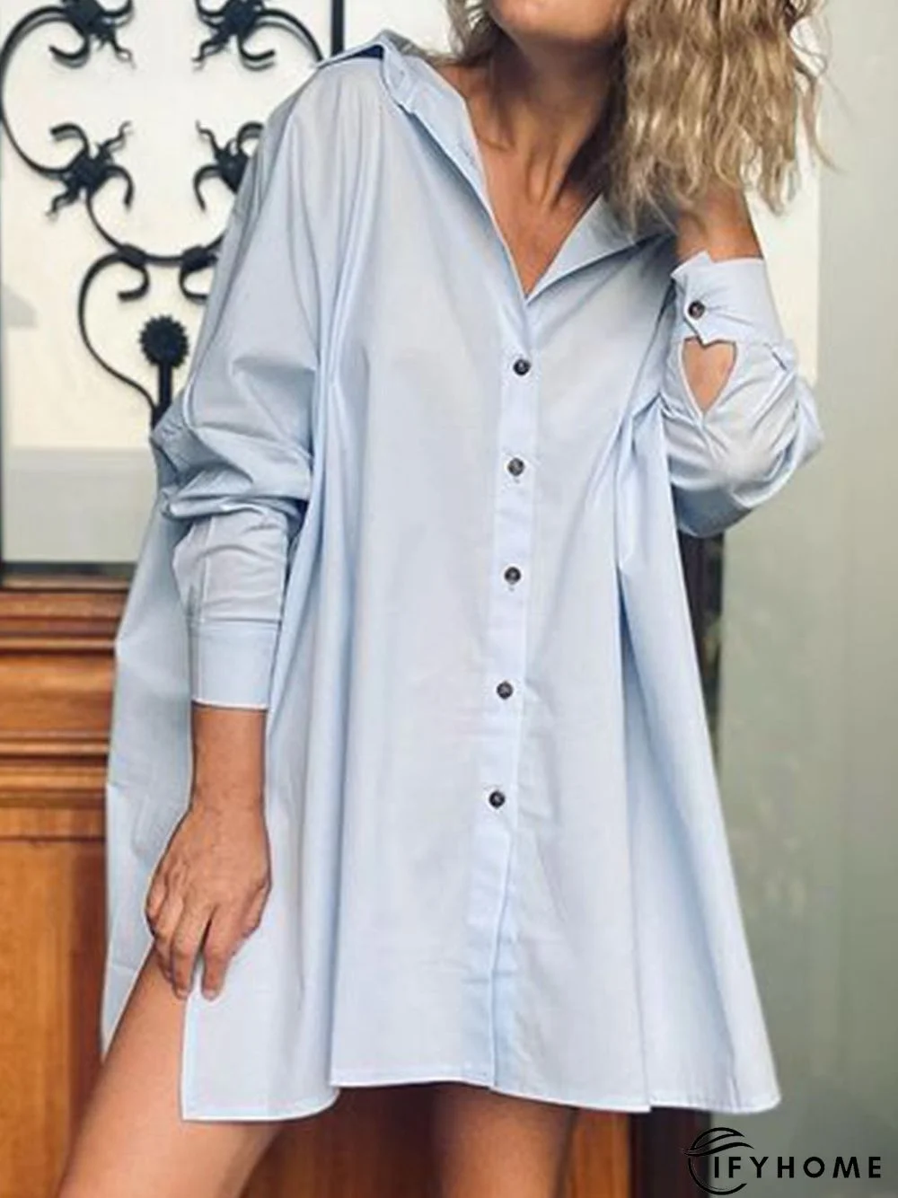 Cotton-Blend Shirt Collar Long Sleeve Tunic Blouse | IFYHOME