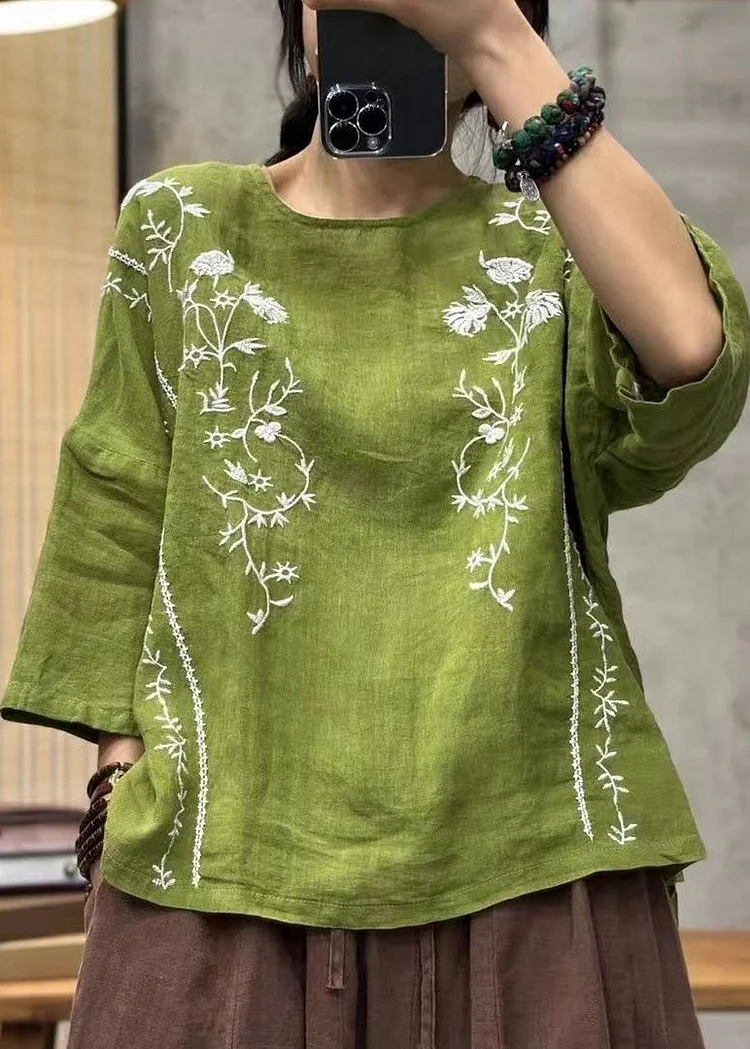 Loose Green Embroideried Low High Design Linen Top Bracelet Sleeve