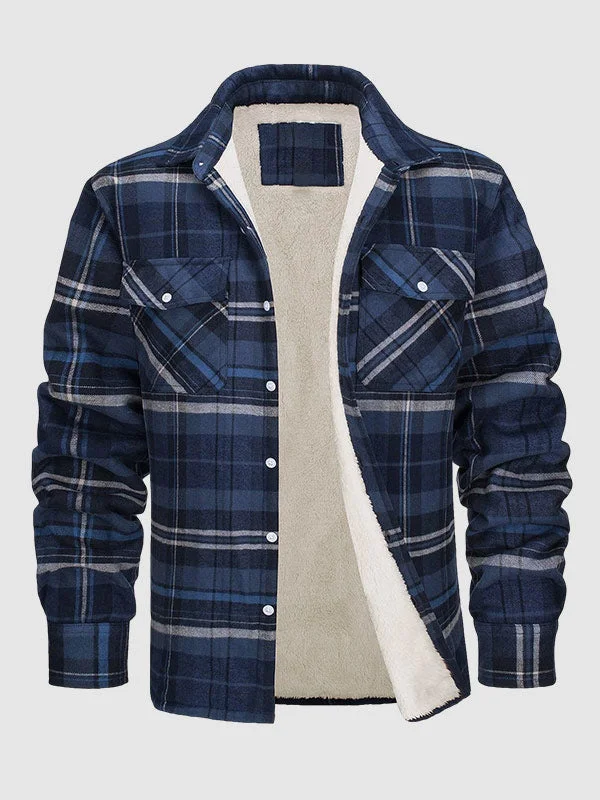 Men's Plaid Fleece-lined  Warm Double Pocket Button Jacket