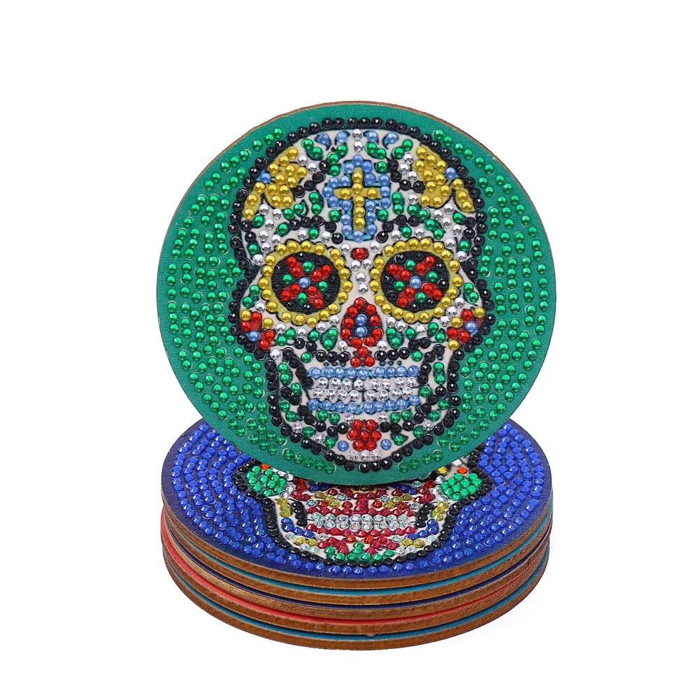 6pcs/set Skull DIY Diamond Painting Coaster Round Cup Cushion Home Decor