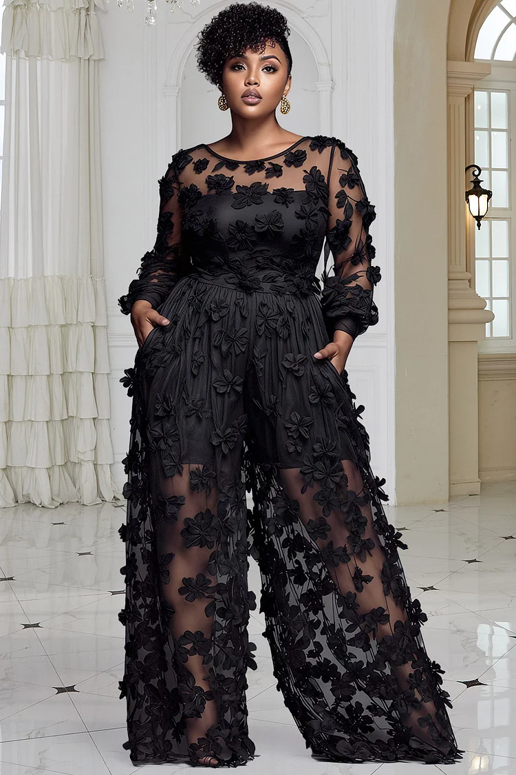 Xpluswear Design Plus Size Cocktail Party Black Round Neck Long Sleeve 3D Elegant See Through Jumpsuits