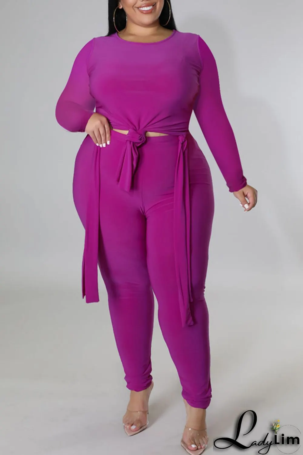 Rose Red Casual Solid Bandage Patchwork Asymmetrical O Neck Plus Size Two Pieces
