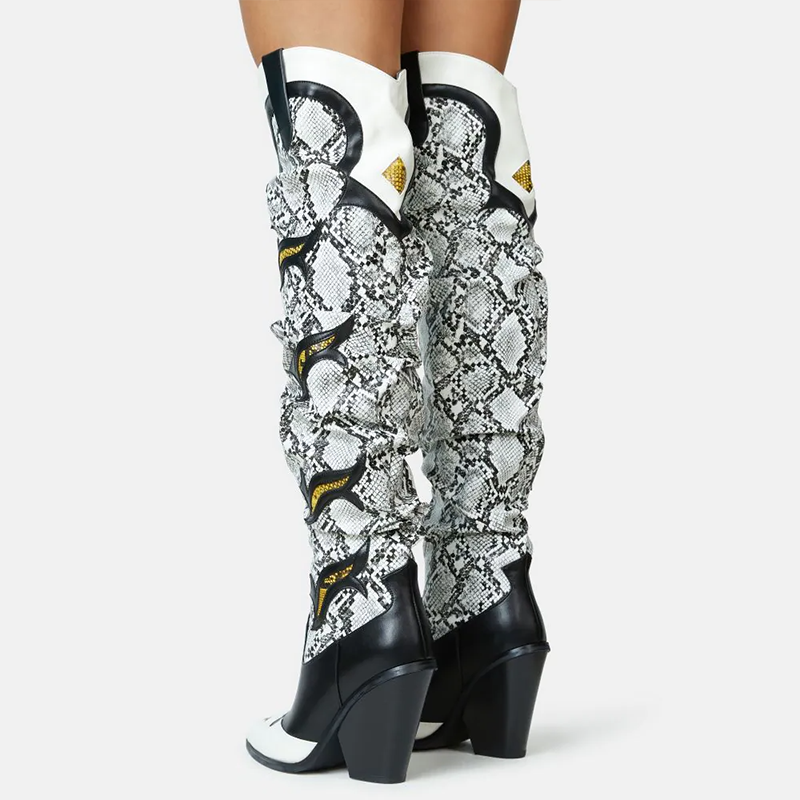 GOOSHOE Black & White Snakeskin Knee Boots Block Heel Pointed Toe Shoes