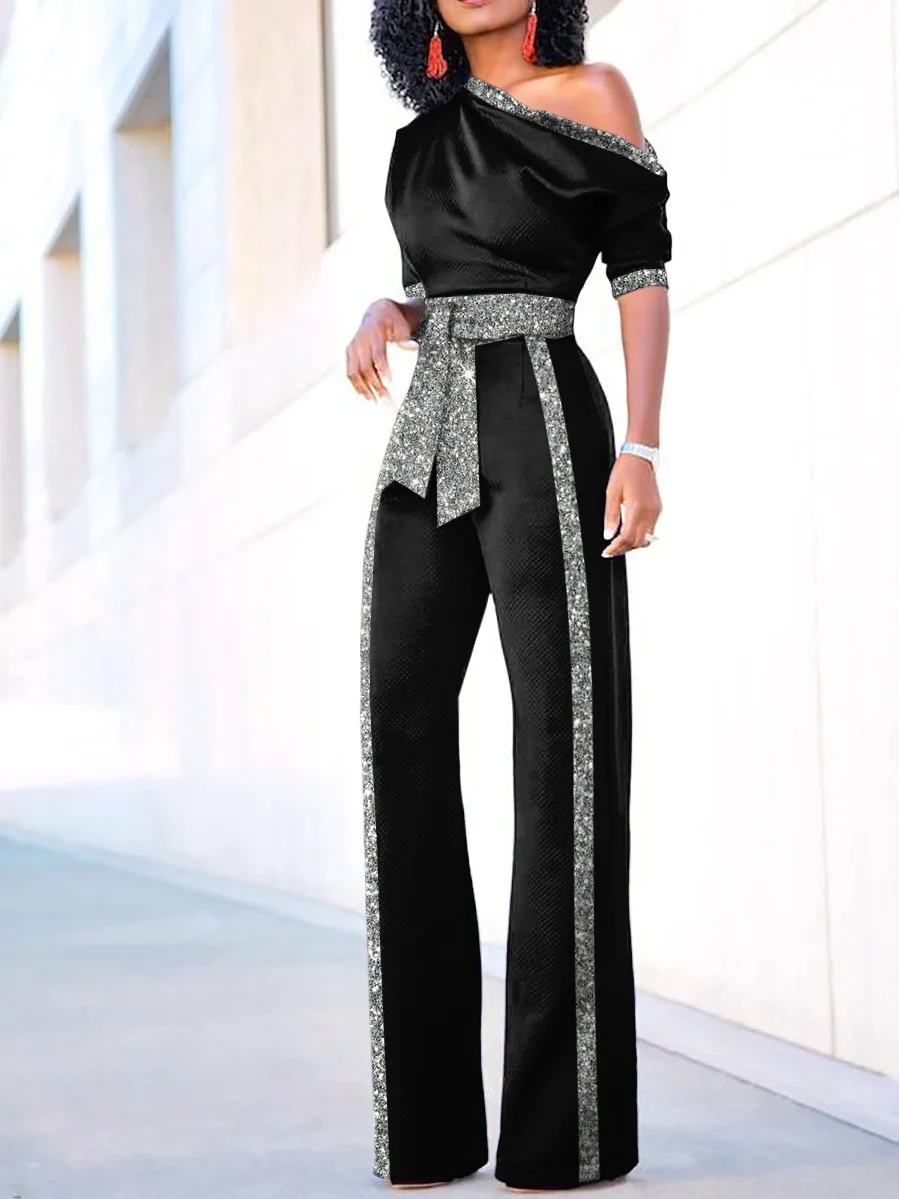 Women's Elegant Pure Black Hot Silver Stitching High Waist Jumpsuit