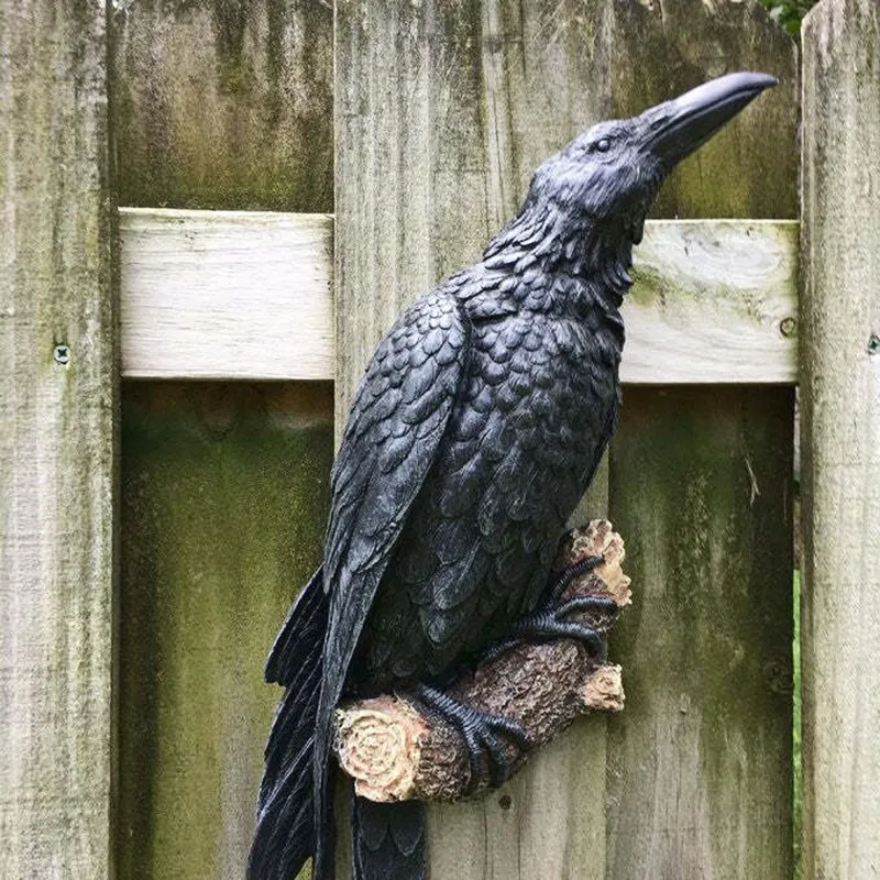 Tegooe Resin Raven Statue Sculpture Outdoor Crow Bird Decor Halloween Garden Courtyard Ornament 20cm Black
