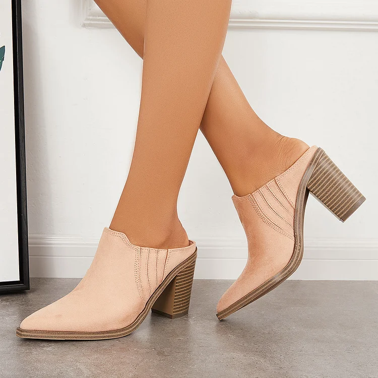 Pointed Toe Chunky Stacked Heel Mules Backless Western Boots