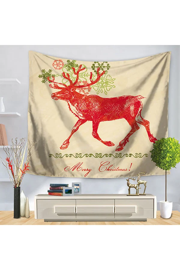 Home Decor Reindeer Print Merry Christmas Wall Tapestry Beige-elleschic