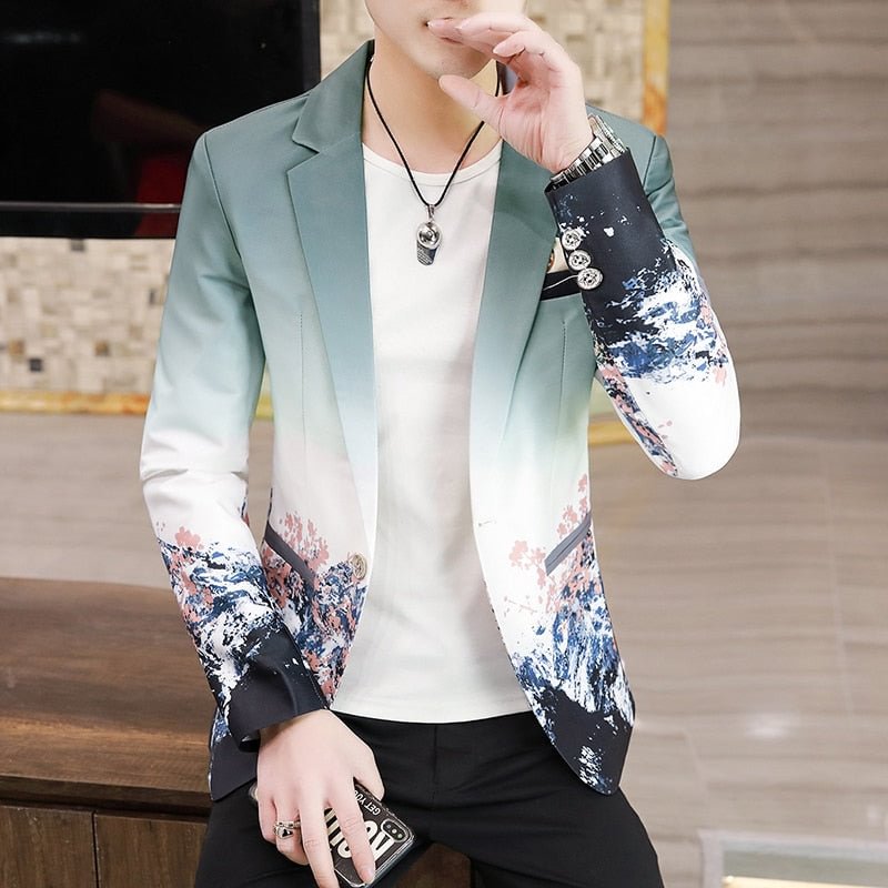 Woherb Men's Summer Blazer Fashion Korean Clothing Gradient Inspired Prints Fancy Floral Suit Jacket Casual Slim Fit Blazzer Coat