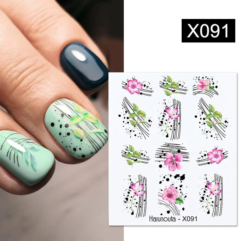 Harunouta Butterfly Flower Design Leaves Nail Water Decals Color Wave Geometric Line Charms Sliders Decoration Tips For Nail Art-Nail Inspo