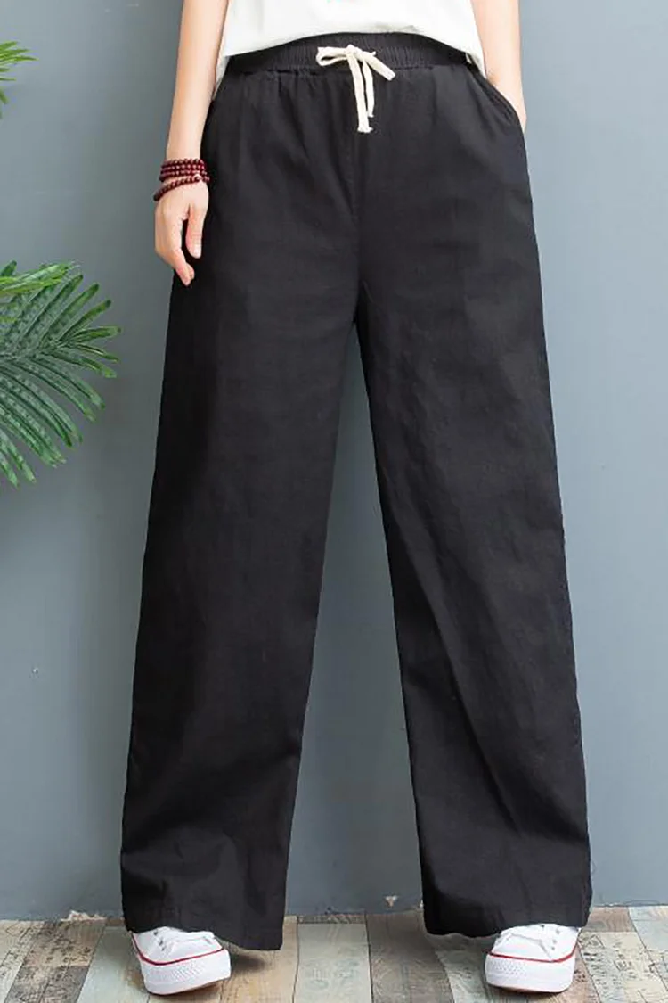Pocket drawstring straight-leg high-rise linen pants